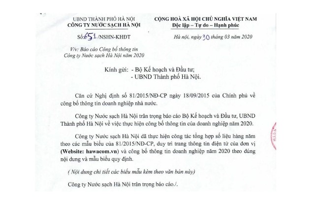 Công bố thông tin Công ty Nước sạch Hà Nội năm 2019